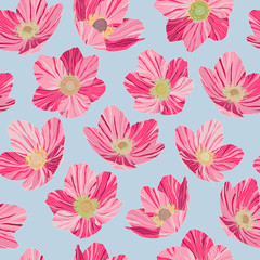 Seamless pattern pink flowers, light blue background, pop art style