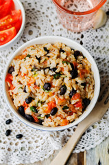Mexican tomato black beans rice with cilantro