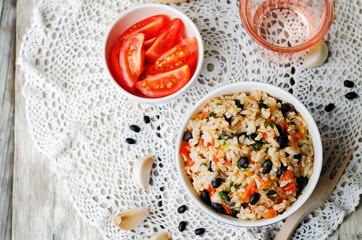 Mexican tomato black beans rice with cilantro