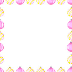 Christmas square frame of pink and yellow glass balls with space for text. Watercolor illustration for the original design of holiday cards, banners and invitations.