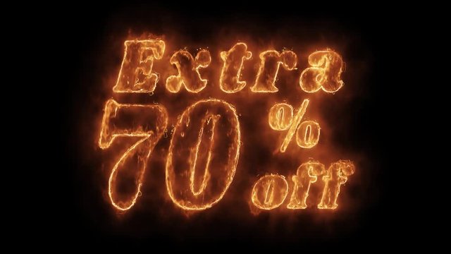 Extra 70% Percent Off Word Hot Animated Burning Realistic Fire Flame and Smoke Seamlessly loop Animation on Isolated Black Background. Fire Word, Fire Text, Flame word, Flame Text, Burning Word