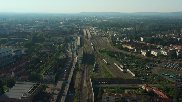 sunset day time basel city railway station aerial panorama 4k switzerland