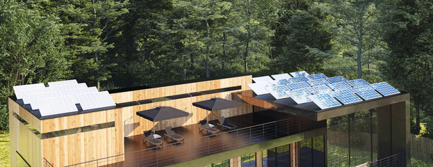 Modern house in forest with solar panels on the roof, 3d render
