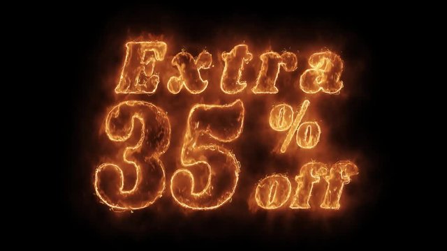 Extra 35% Percent Off Word Hot Animated Burning Realistic Fire Flame and Smoke Seamlessly loop Animation on Isolated Black Background. Fire Word, Fire Text, Flame word, Flame Text, Burning Word