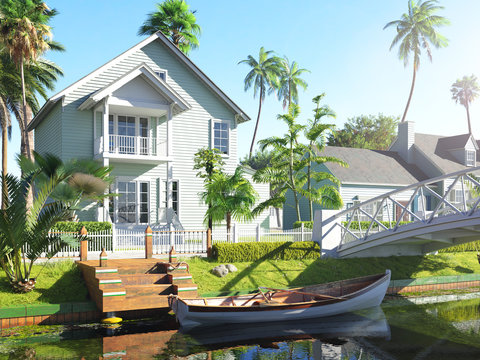 Tropical beach house near pond with boat, Coastal style house, 3d render