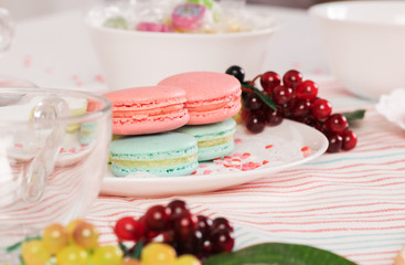 French colorful macaroons. Colorful pastel macaroons on white background. Pink and blue macaroons. Still life in pink and white