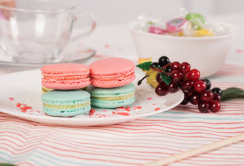 French colorful macaroons. Colorful pastel macaroons on white background. Pink and blue macaroons. Still life in pink and white