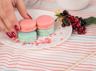 Obraz na płótnie Canvas French colorful macaroons. Colorful pastel macaroons on white background. Pink and blue macaroons. Still life in pink and white