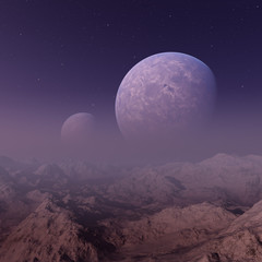 Naklejka na ściany i meble 3d rendered Space Art: Alien Planet - A Fantasy Landscape with purple skies and clouds