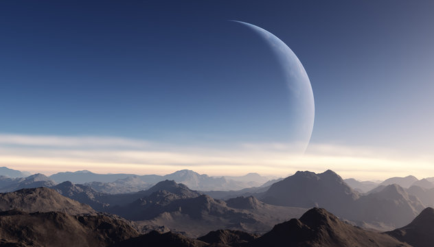 3d rendered Space Art: Alien Planet - A Fantasy Landscape with blue skies