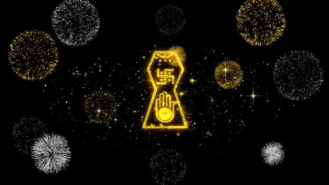 Jain hand. Ahimsa Indian, jainisms, hindu religious Icon on Glitter Golden Particles Effect Firework. Object, Shape, Text, Design, Element, symbol 4K Animation.