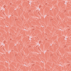 Magnolia pattern, line floral ornament. Seamless background. Hand drawn illustration in vintage style, neon coral