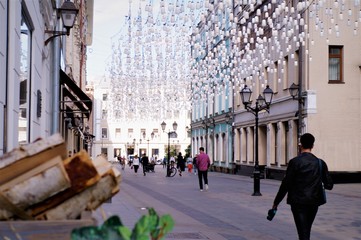 05.24.2019 Moscow. Russia.  decorations pendant lanterns , pedestrian street view. stoleshnikov  strit