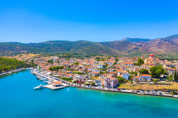Fototapeta na wymiar Scenic aerial view of Galaxidi village with colorful buildings, Greece