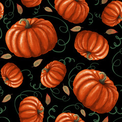 Seamless pattern with bright pumpkins on green background. Сolorful autumn background with oranges pumpkins, fallen leaves and floral elements. Perfect for your design