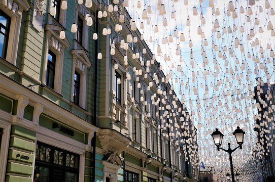 05.24.2019 Moscow. Russia.  decorations pendant lanterns , pedestrian street view. stoleshnikov  strit