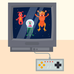 UFO game fantastic characters on television sqreen with game joystick vector illustration. Ufo and alient futuristic persons. Space war and travel universe game kit.