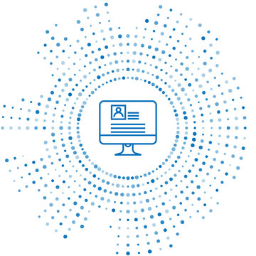 recommend clip art: Blue line Computer monitor with resume icon isolated on white background. CV application. Searching professional staff. Analyzing personnel resume. Abstract circle random dots. Vector Illustration