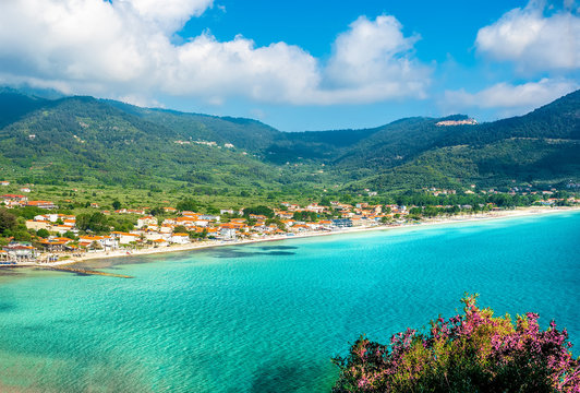 Landscape with Skala Potamia and Amazing Golden Beach on Thassos, Aegean Sea, Greece