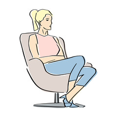 Young woman sitting in armchair in a closed pose. Silhouette of the interviewer, interviewee, correspondent, questioner or TV host.  Vector flat illustration. Isolated hand drawn style.