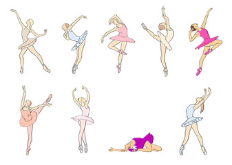 Set of ballerinas in ballet tutu and pointe shoes on toes. Classical dancer silhouette in elegant pose. Vector flat illustration. Isolated hand drawn black contour and colors.