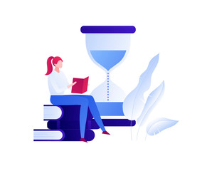 Vector modern flat education illustration. Female sitting reading book with hourglass symbols. Concept of way to knowledge learning, university, college courses. Design for poster, flyer, card, banner