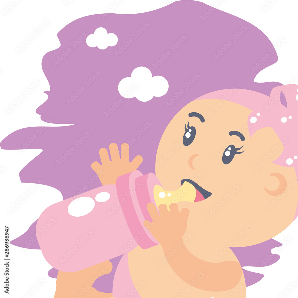 Sticker cute baby girl with bottle milk avatar character