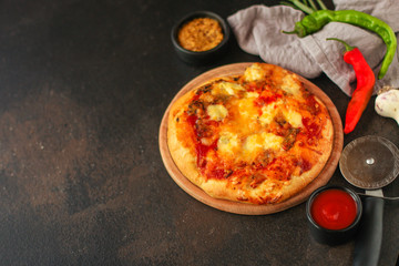 pizza, tomato sauce, cheese (pizza ingredients). hot pizza. Top view. copy space