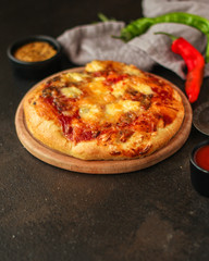 pizza, tomato sauce, cheese (pizza ingredients). hot pizza. Top view. copy space
