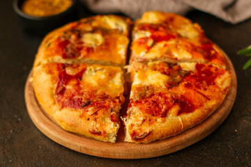 pizza, tomato sauce, cheese (pizza ingredients). hot pizza. Top view. copy space