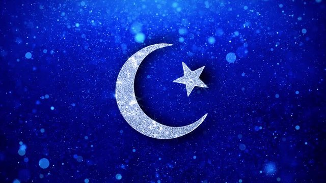Star and Crescent symbol Islam religion Icon White Blinking Glitter Glowing Shine on Blue Particles. Shape, Web, Text , Design, Element, Symbol 4K Loop Animation.