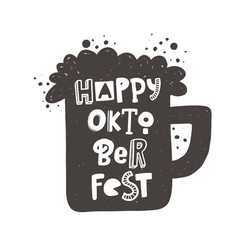 Happy oktoberfest grunge style lettering. Beer glass with foam silhouette with stylized black typography with ink drops. Traditional German beer festival poster, banner, print design