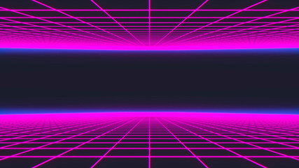 Retro futuristic background 1980s style. Digital landscape in a cyber world. 3d illustration