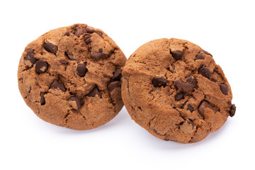 Chocolate chip cookies isolated on white background. Sweet biscuits. Homemade pastry.