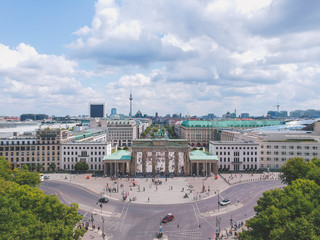 Fototapeta na wymiar Aerial cityscape over Brandenburg Gate and Berlin skyline, Germany