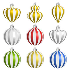Set of realistic decorations and Christmas balls with vertical stripes. Vector illustration is isolated on white background.