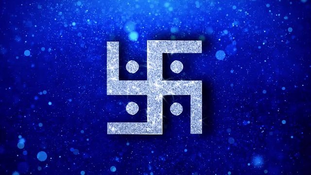 Hindu, holy, indian, religion, swastik, swastika Icon White Blinking Glitter Glowing Shine on Blue Particles. Shape, Web, Text , Design, Element Symbol 4K Loop Animation