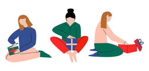 Set of women opening Christmas presents. Women sitting on the floor holding decorated boxes with surprise presents. Flat vector illustration