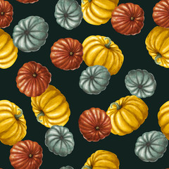 Seamless pattern with bright multi-colored pumpkins on green background. Bright autumn background. Perfect for your design