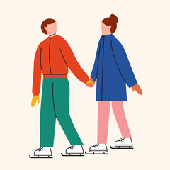 Peopleice  skating. Cute couple of man and woman wearing skates and holding hands. Flat vector illustration