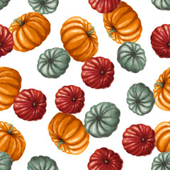 Seamless pattern with bright multi-colored pumpkins on white background. Bright autumn background. Perfect for your design
