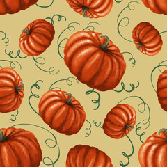 Seamless pattern with bright pumpkins. Сolorful autumn background with oranges pumpkins and floral elements. Perfect for your design