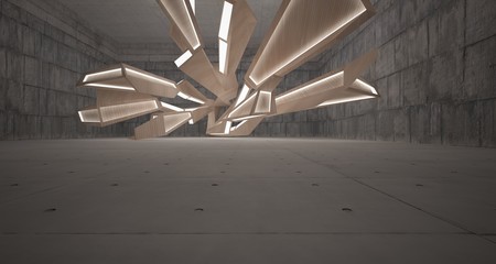 Abstract  concrete and wood interior  with neon lighting. 3D illustration and rendering.