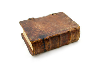 Vintage book isolated on white background. Leather cover. Antiques 