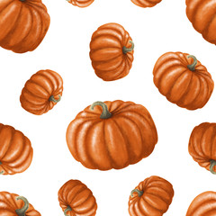 Seamless pattern with bright pumpkins on white background. Bright autumn background. Perfect for your design