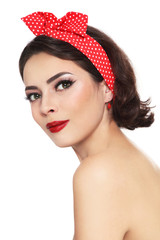 Vintage style portrait of young beautiful girl with red lipstick