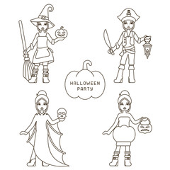 halloween party costumes in linear style. suitable for use as a coloring