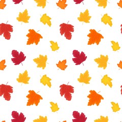 Seamless pattern of colorful autumn leaves on editable white background. Bright pattern for wallpaper, wrapping, textile, fabric design