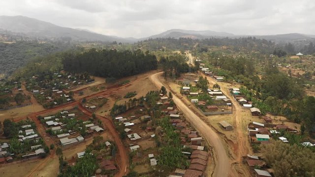 Panoramic drone flight of Dorze village in the mountains near Arba Minch, traditional tribal communities in Ethiopia