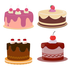 Set of colorful birthday cakes.Cakes icons collection. Different types of beautiful modern cakes, such as chocolate cake, Napoleon cake, tiramisu and cheesecake. Isolated on white.